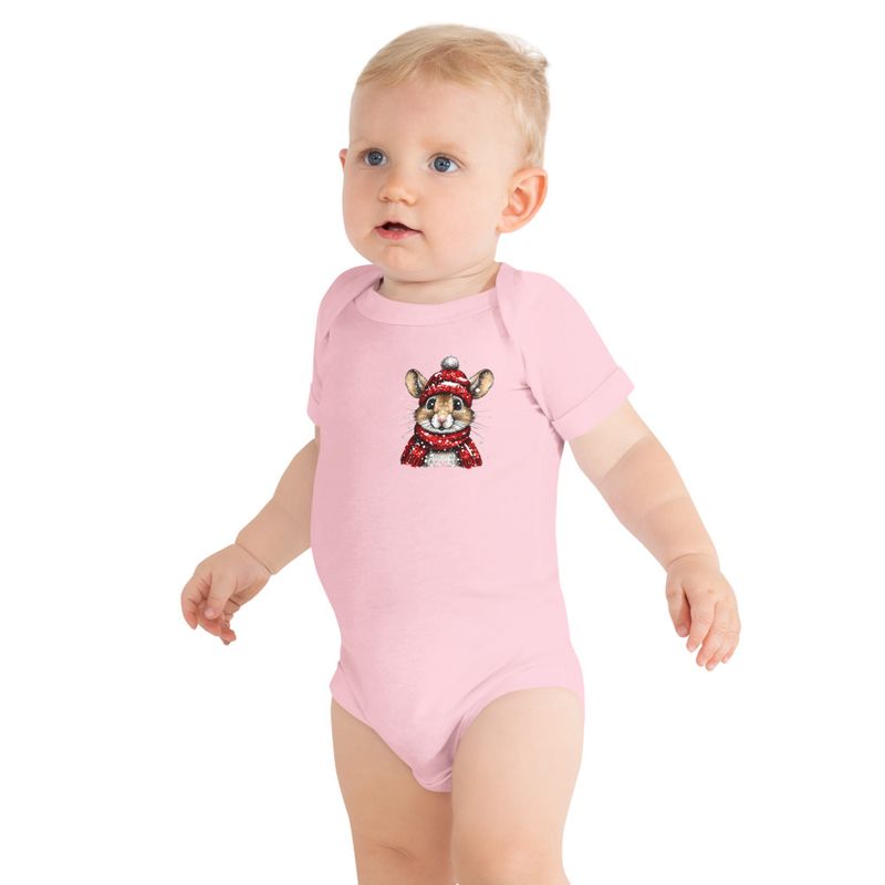 Baby Short Sleeve One Piece, 3-24 Months, Mouse wearing red winter hat and scarf, xg8dl3, left chest