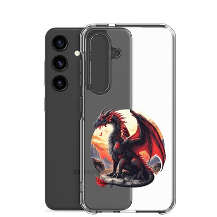 Clear Case for Samsung, Black and red dragon perching on a high rock in the sunset, ufiusf