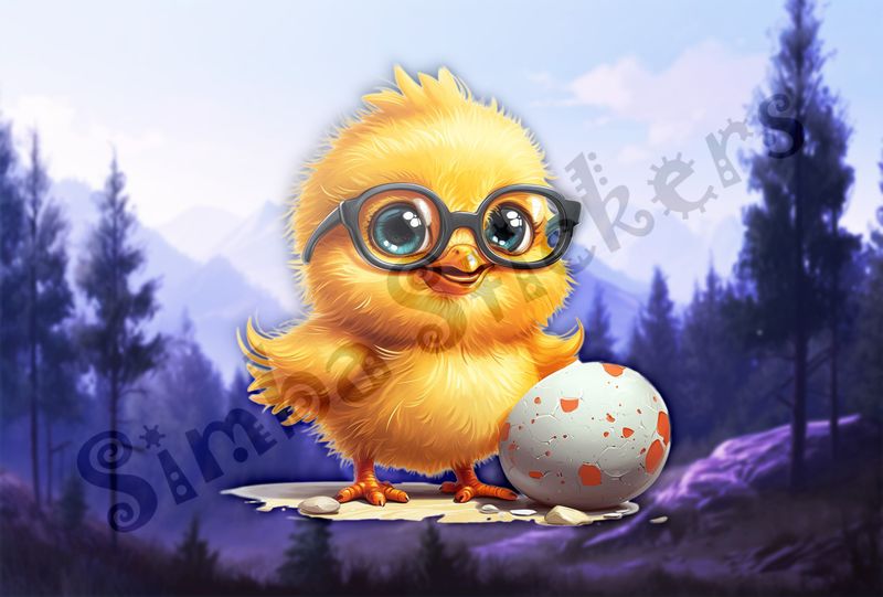 Chick in glasses standing next to small egg