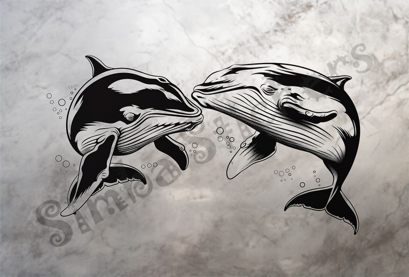 Whales nose-to-nose in love, with bubbles under water, outline art