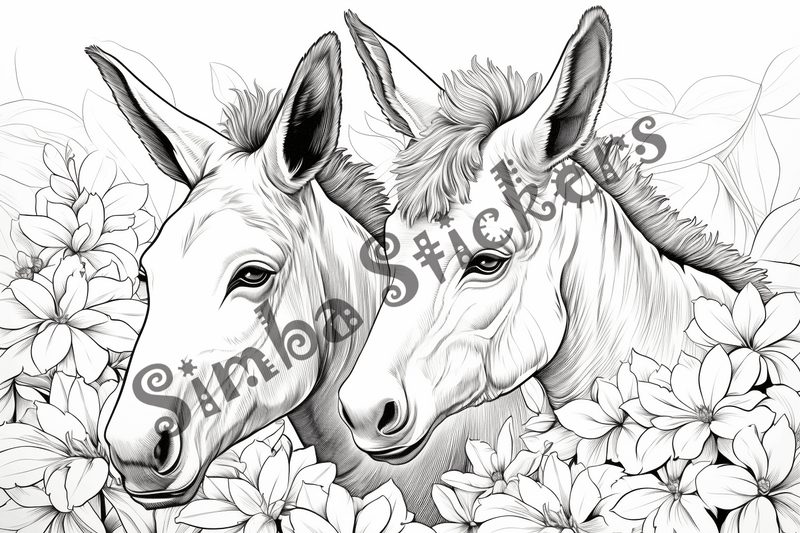 Colouring pages, bundle of donkeys with children, 25 images 2