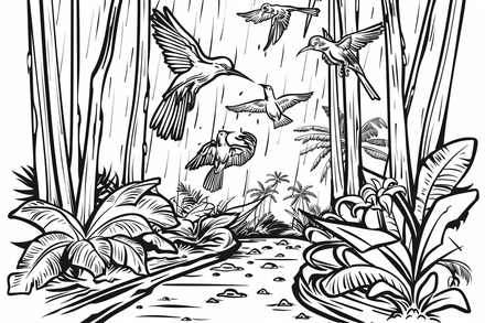 Colouring pages, bundle of Equatorial Rainforest landscape, 10 images