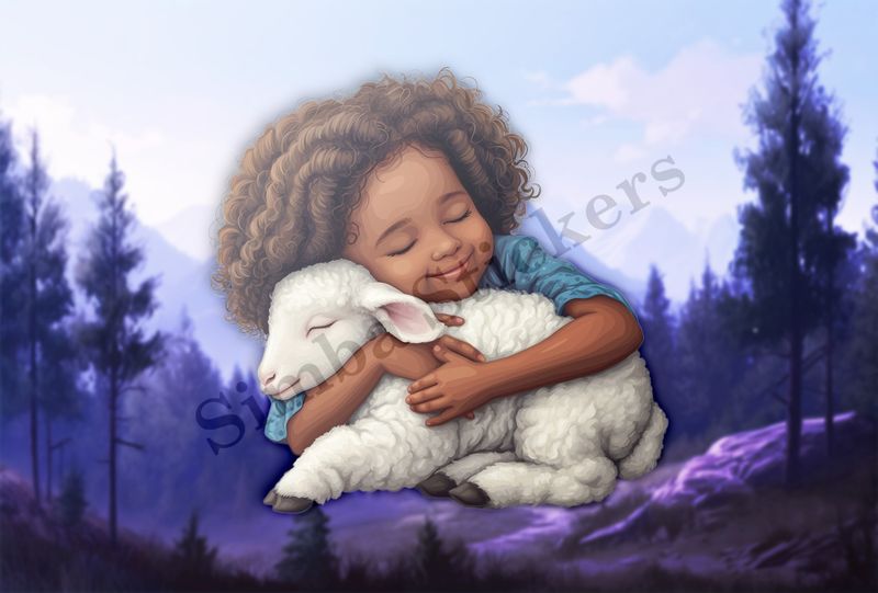 Sheep  hugged by happy girl with frizzy hair