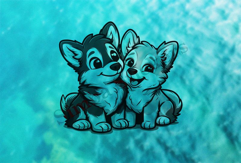 Happy dogs cuddling, outline art