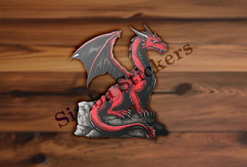Red and black dragon perching on a rock