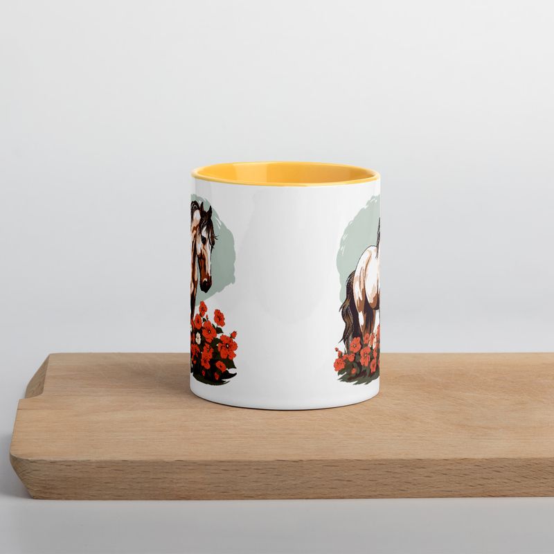 White Ceramic Mug with Color Inside, 11&amp;15oz, Brown horse in field of red flowers, n4w2fj