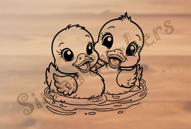 Ducklings cuddling romantically in water, outline art