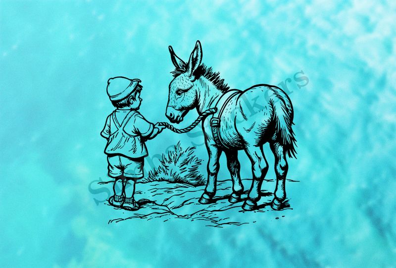 Donkey led on a rope by a small boy in a hat, outline art