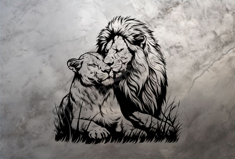 Lion leaning into cuddling lioness,  outline art