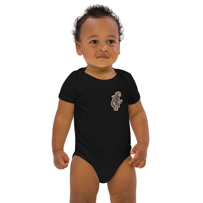 Organic Cotton Baby Bodysuit, 3-18 months, Baboon on a tree, looking sad, left chest