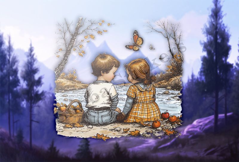 Boy and girl with a picnic basket by a river, fruits on the ground