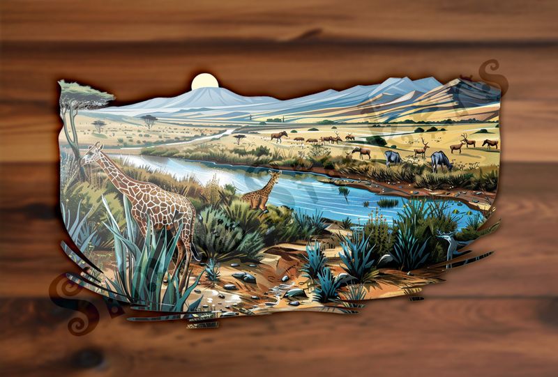 African Savanna landscape, with animals by river