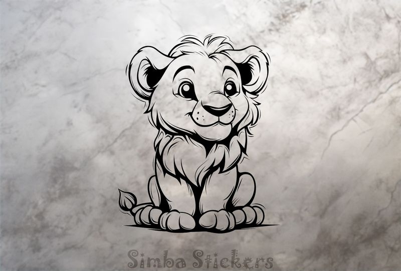 Lion cub sitting down smiling, outline art, 8azdit