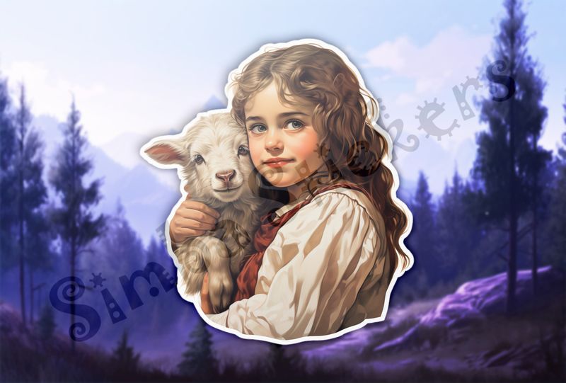 Goat kid in arms of girl of European origin