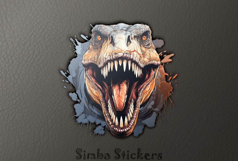 Dinosaur with mouth wide open and bloodied upper lip