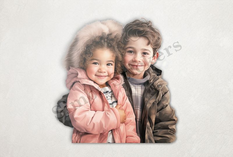 Girl in pink jacket  held by boy 