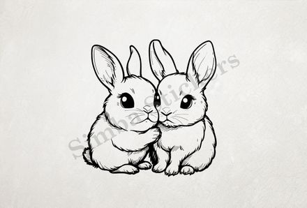 Bunnies cheek-to-cheek  in love, outline art