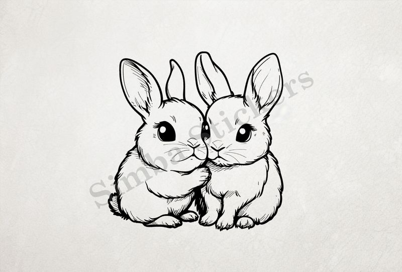 Bunnies cheek-to-cheek  in love, outline art