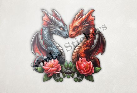 Black  ragon, red dragon in love, red flowers