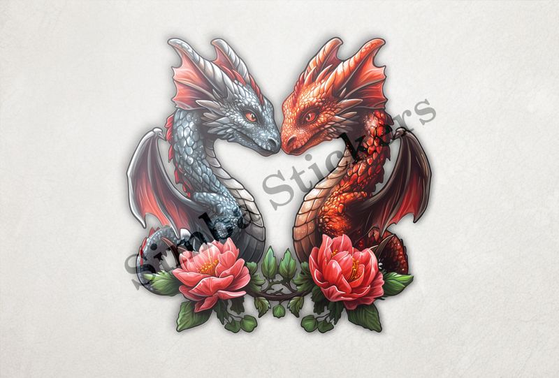 Black  ragon, red dragon in love, red flowers
