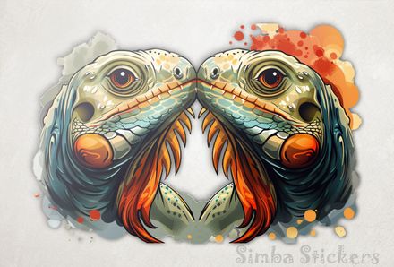 Lizards in love nose-to-nose in orangey colours, watercolour