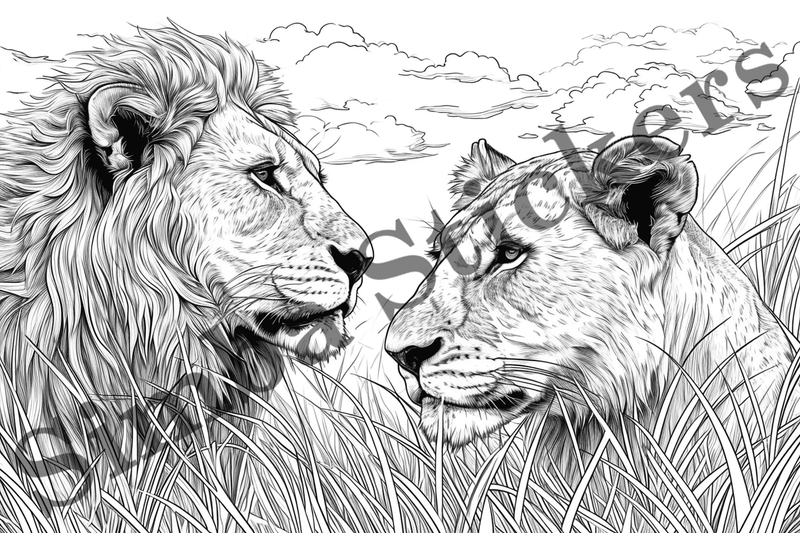 Colouring pages, Bundle of lions in love, 10 images
