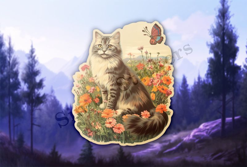 Vintage cat in flower field