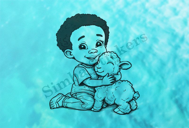 Lamb being hugged by small boy of African origin, outline art