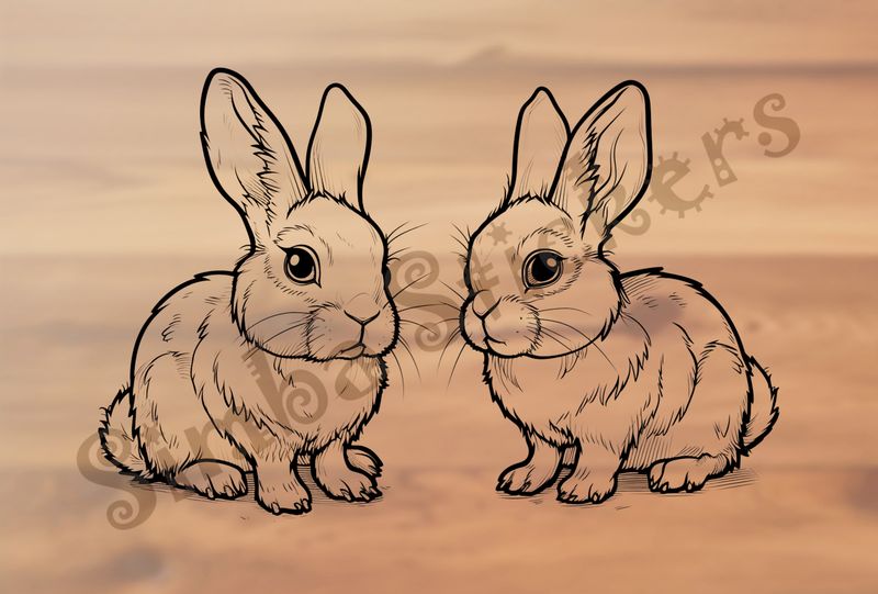 Hares looking cute, outline art