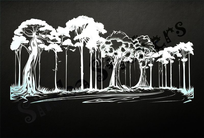 Equatorial Rainforest landscape, tall trees and winding road, outline art