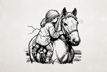 Horse climbed onto by young girl, outline art