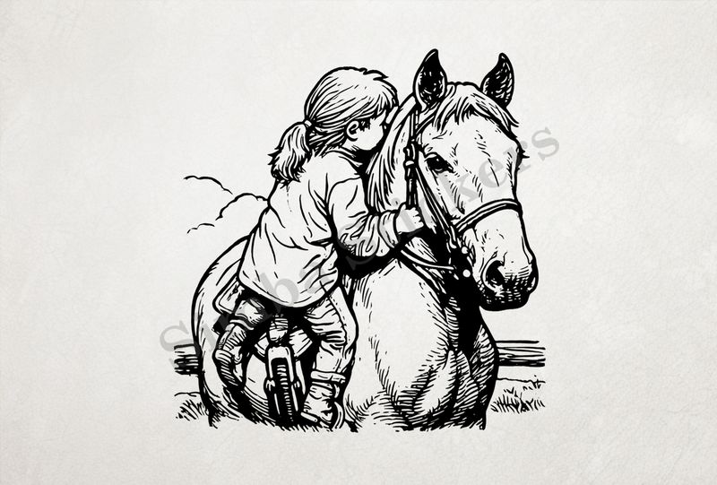 Horse climbed onto by young girl, outline art
