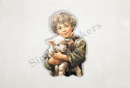 Lamb hugged by boy , vintage