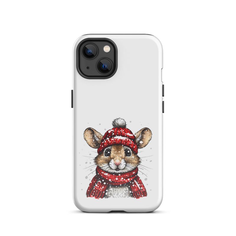 Tough Case for iPhone, Mouse wearing red winter hat and scarf in the snow, xg8dl3