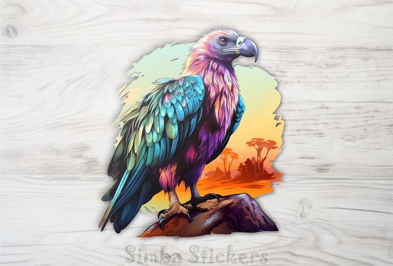 Groovy-coloured vulture perching on rocks, pndhbb
