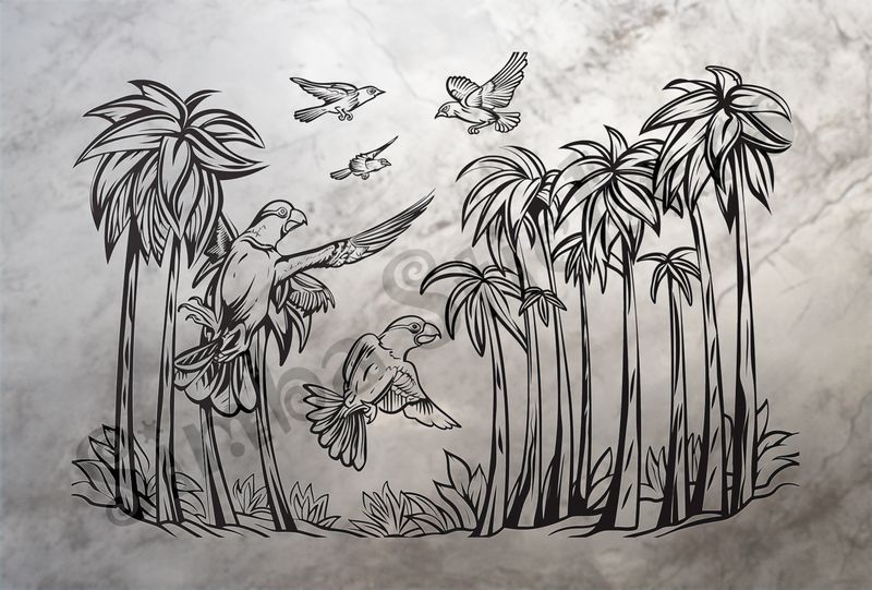 Equatorial Rainforest landscape, birds flapping, outline art