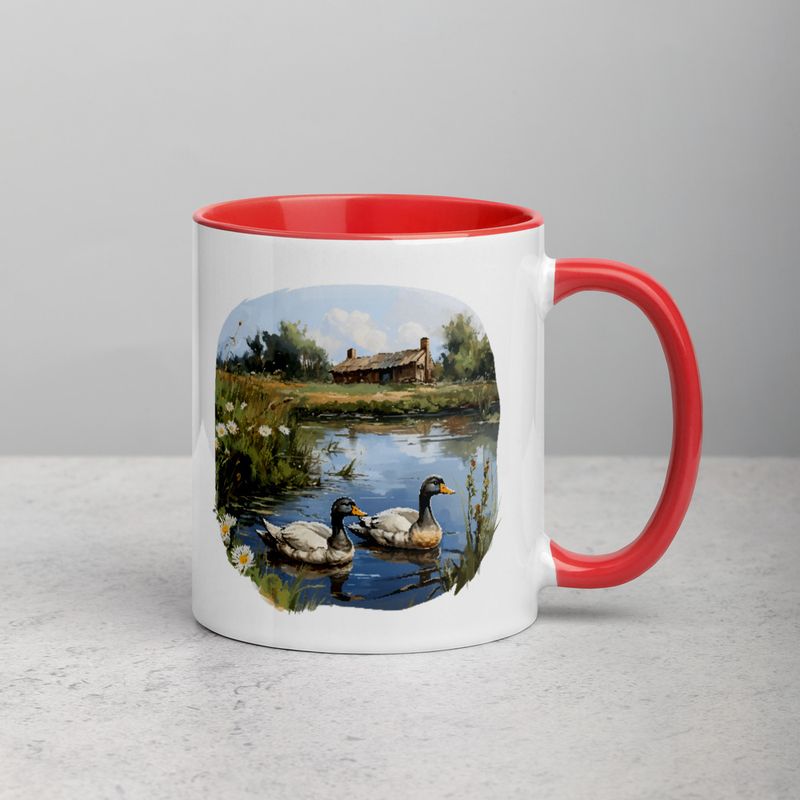 White Ceramic Mug with Color Inside, 11 &amp;15oz, Ducks in love swimming in farmhouse pond 