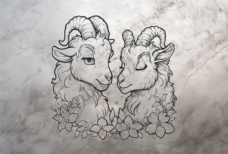 Goat younglings in love, with flowers, outline art