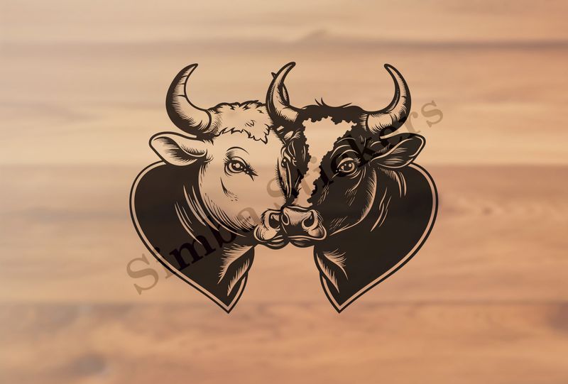 Cattle,  cheek-to-cheek, one black, one white, horns locked, outline art