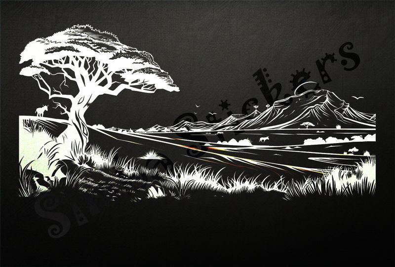 African Savanna landscape, tree up close, mountain range afar, outline art