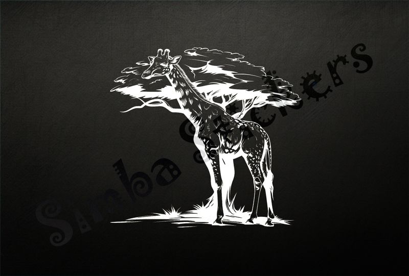 Giraffe in front of tree in the Savanna, outline art