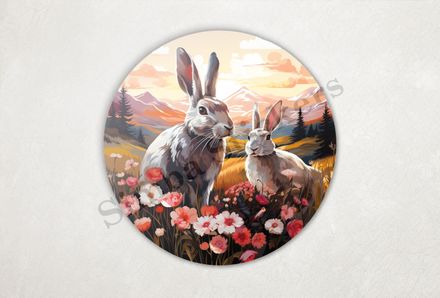 Rabbits in love amongst flowers in green fields, oil painting