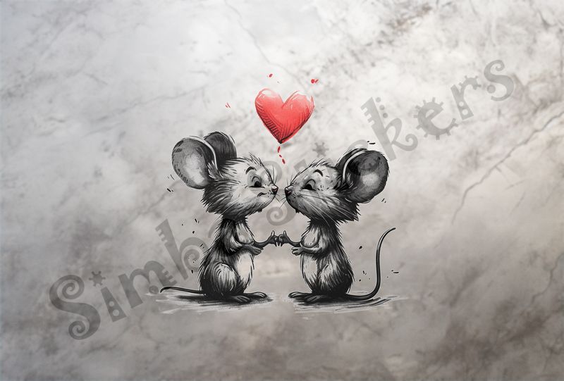 Mice about to kiss, romantic heart above, outline art