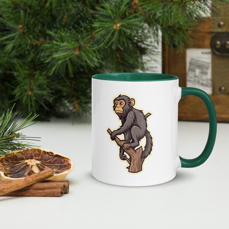 White Ceramic Mug with Color Inside, 11oz &amp; 15oz, Baboon on a tree, looking sad, head-to-head
