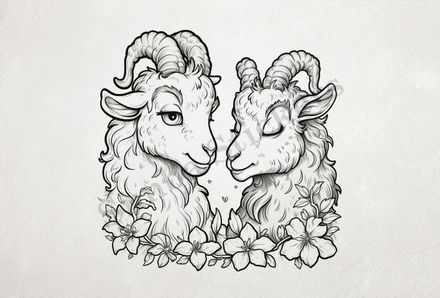 Goat younglings in love, with flowers, outline art