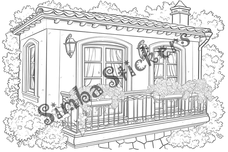 Colouring pages, bundle of houses, Mediterranean, 10 images