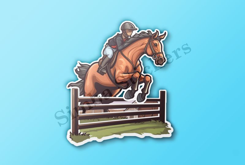 Brown horse with rider jumping over a fence