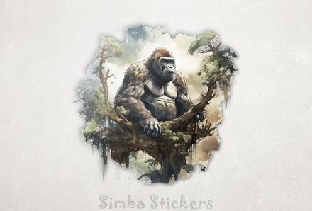 Gorilla thoughtfully sitting on a branch in a high tree, dx7sp5