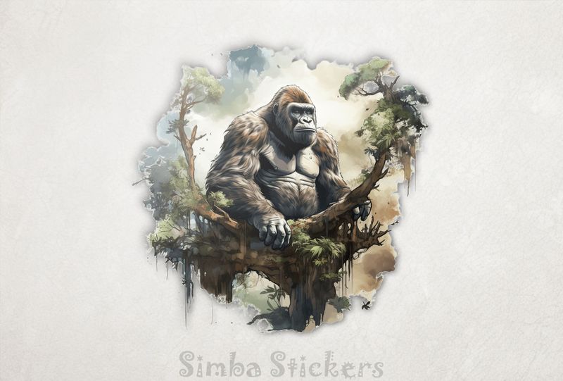 Gorilla thoughtfully sitting on a branch in a high tree, dx7sp5