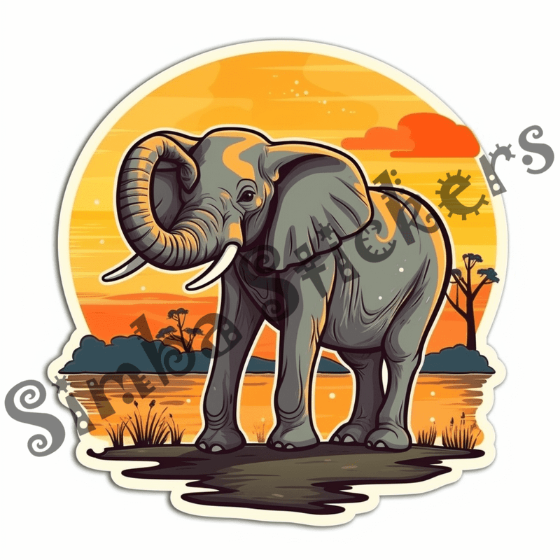 Elephants at sunrise or sunset, sticker-style, image set, 25 images, orxvzg